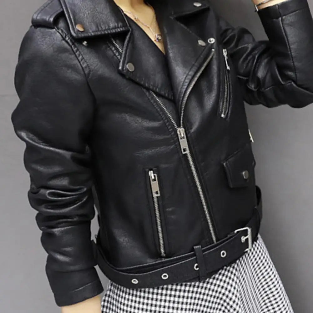 Women Faux Leather Jacket Turn-down Collar Zip-up Zipper Rivet Decor Motorcycle Coat Long Sleeves Female Outerwear Lady Clothing