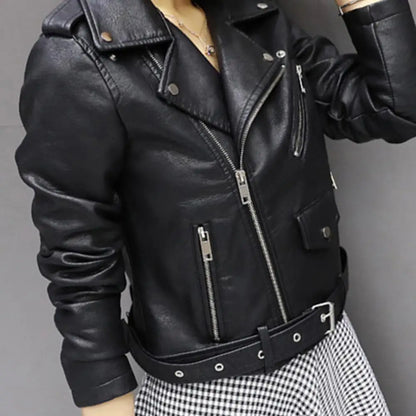 Women Faux Leather Jacket Turn-down Collar Zip-up Zipper Rivet Decor Motorcycle Coat Long Sleeves Female Outerwear Lady Clothing