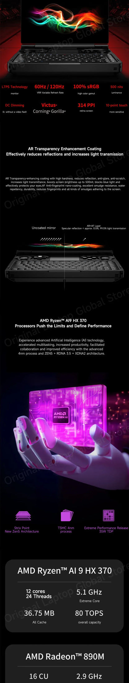 GPD WIN Mini 2025 Ryzen™ AI 9 HX 370/Ryzen R7 8840U PC de poche 7 pouces 32 Go RAM 2 To SSD Mini-ordinateur portable