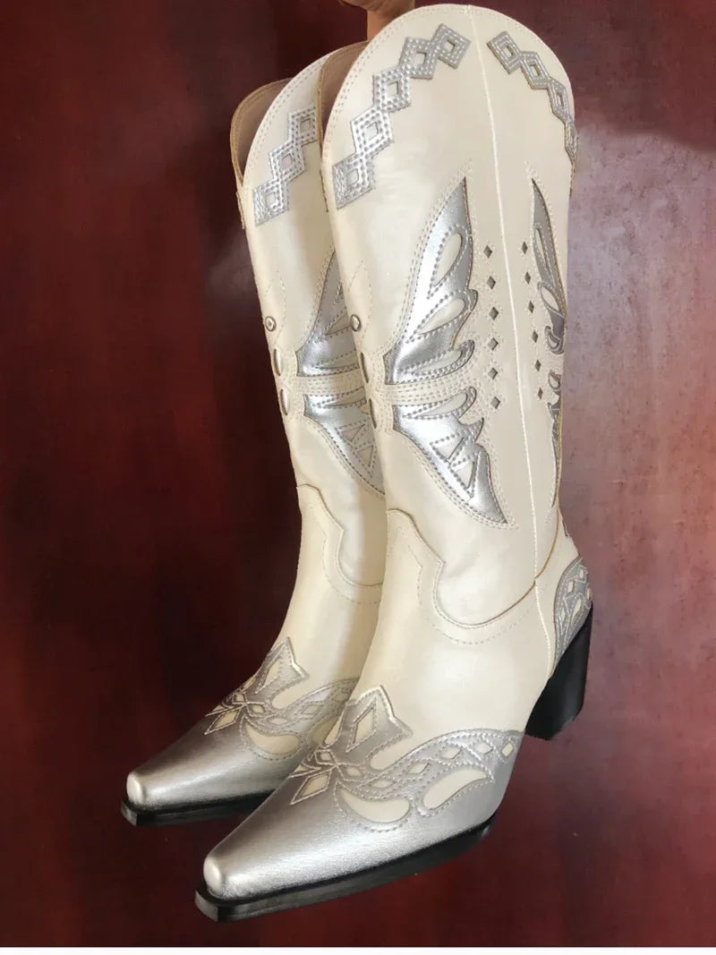 Bottes de cowgirl occidentales brodées vintage pour femmes, chaussures à enfiler, talon carré pour dames, bottes cavalières, mode automne et hiver
