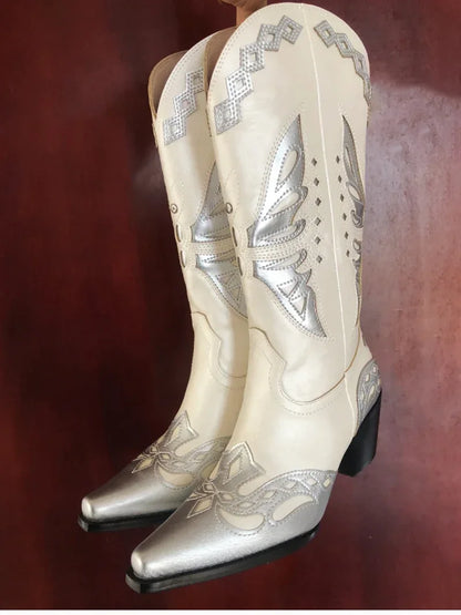 Bottes de cowgirl occidentales brodées vintage pour femmes, chaussures à enfiler, talon carré pour dames, bottes cavalières, mode automne et hiver