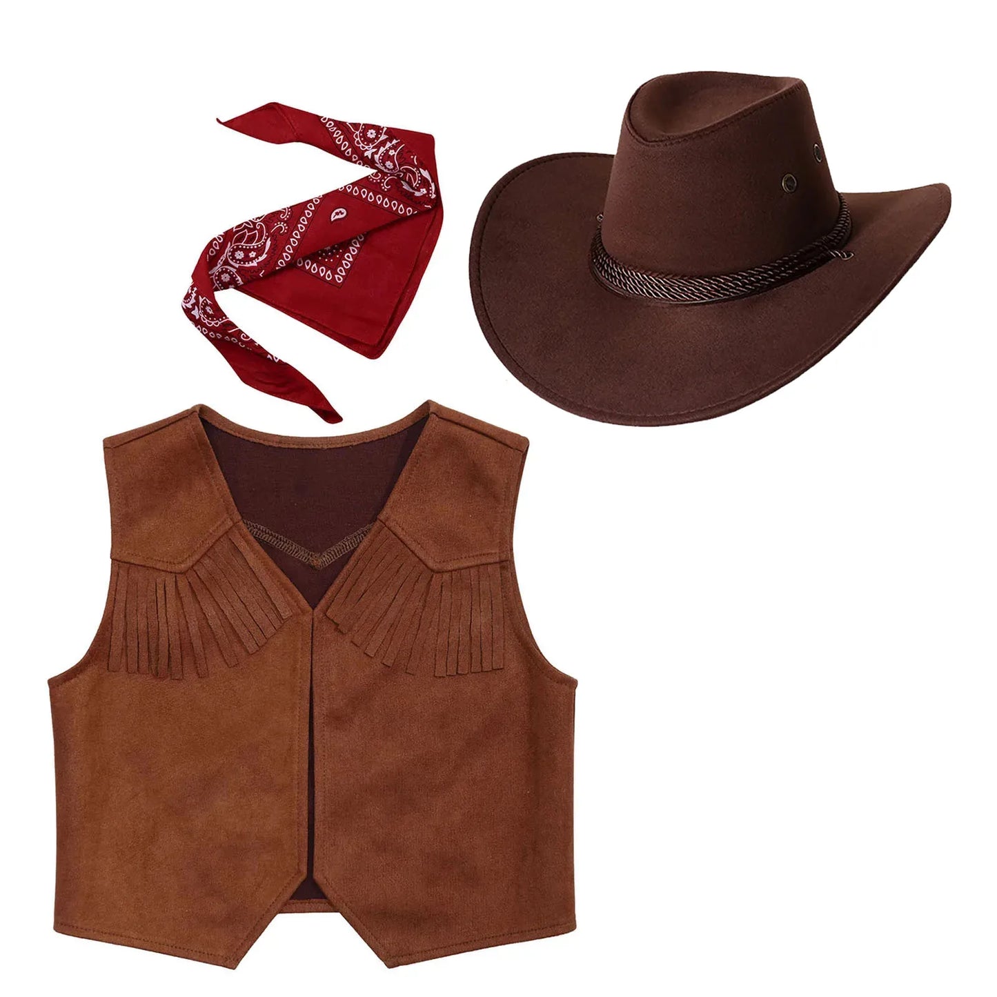 Wild West Cowboy and Cowgirl Costume, Halloween Outfit, Fringe Sleeveless Vest with Bandana and Hat