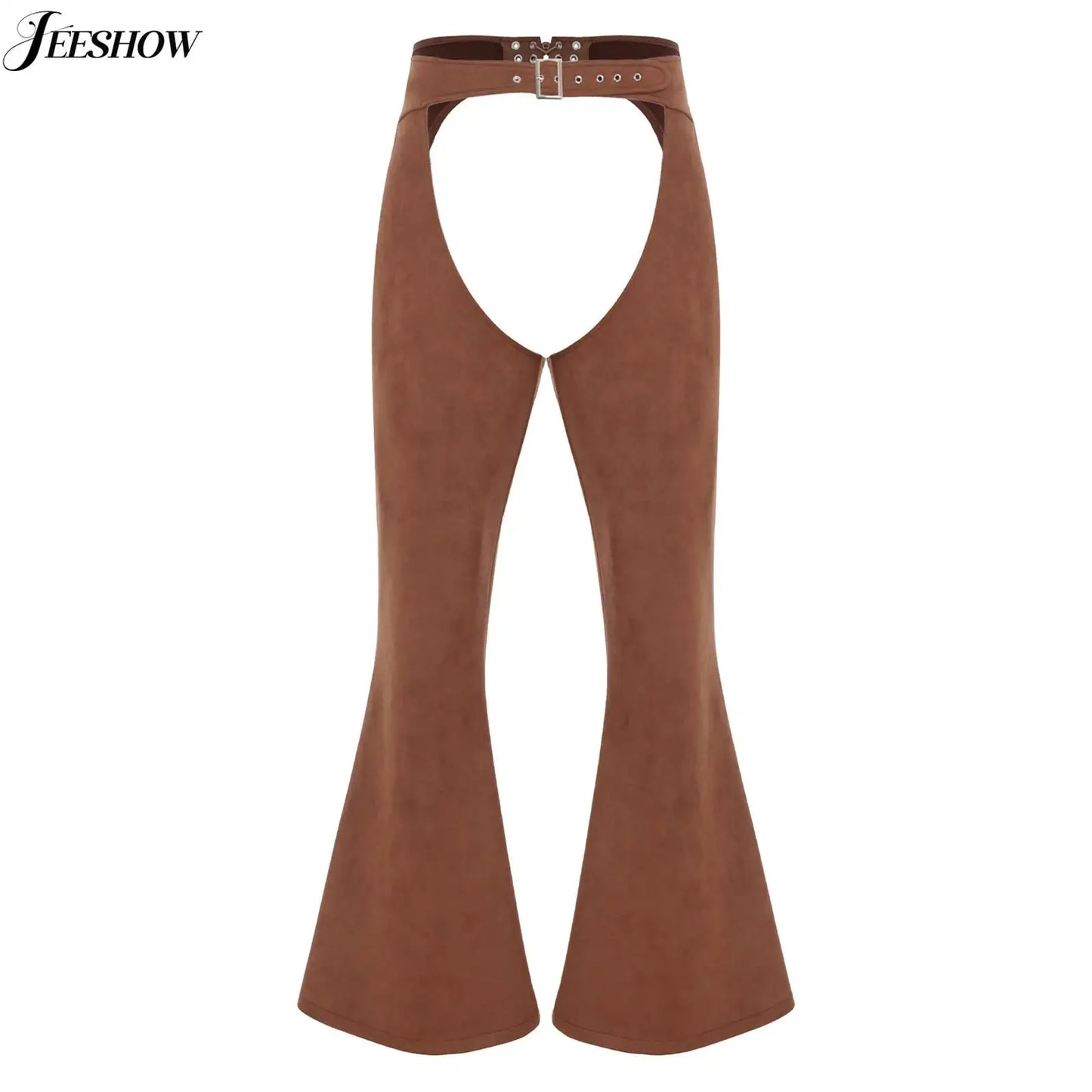 Womens Faux Suede Leather Cowboy Pants Vintage Adjustable Waist Hollow Out Bell Bottoms Biker Pants Riding Motorcycle Trousers