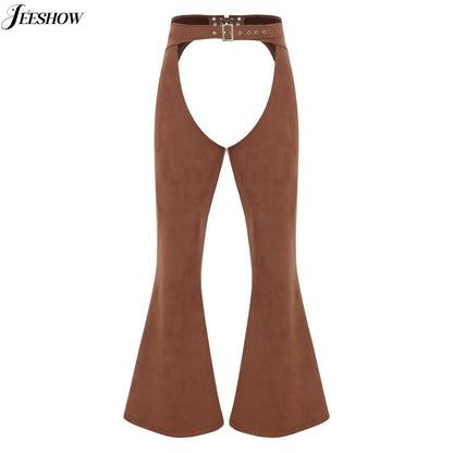 Womens Faux Suede Leather Cowboy Pants Vintage Adjustable Waist Hollow Out Bell Bottoms Biker Pants Riding Motorcycle Trousers