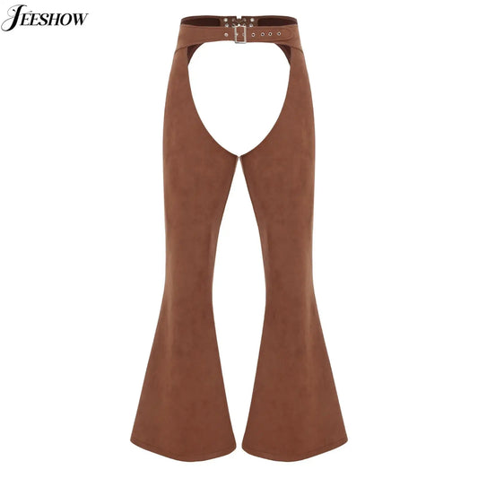 Womens Faux Suede Leather Cowboy Pants Vintage Adjustable Waist Hollow Out Bell Bottoms Biker Pants Riding Motorcycle Trousers