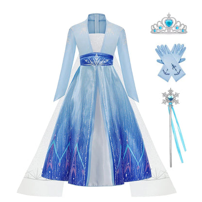 Déguisement Elsa pour Fille, Fête d'Anniversaire, Robe de Princesse Bleue à Manches Longues, Vêtement de Carnaval pour Enfants