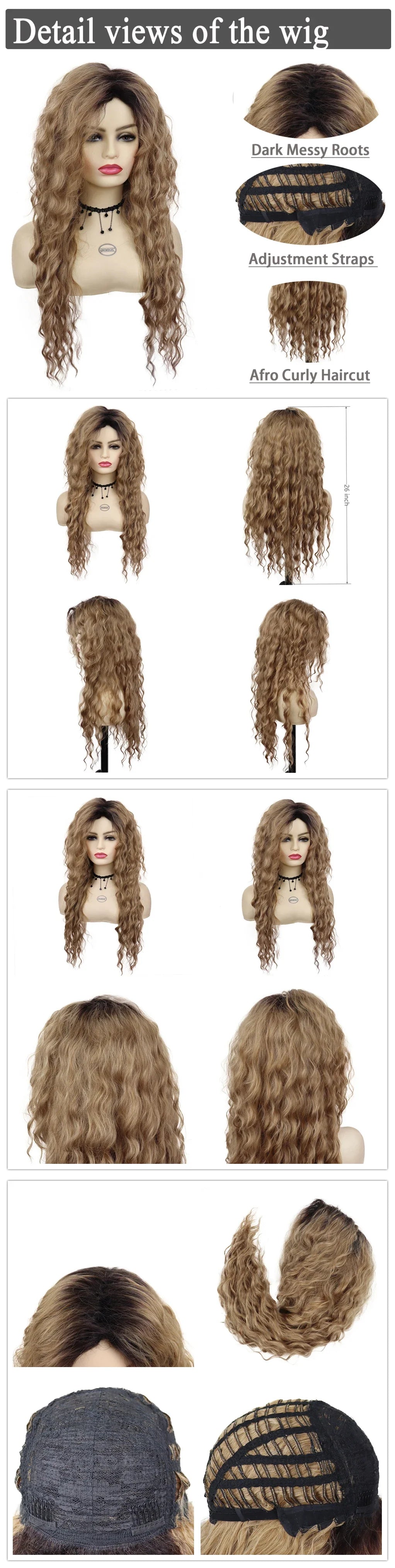 Perruque blonde bouclée cheveux synthétiques longs naturels perruques ondulées pour femmes blanches, raie libre, racines foncées, perruques ombrées, perruque ondulée tendance + autocollants
