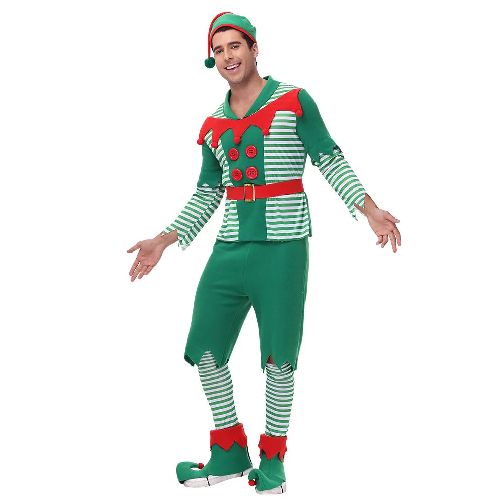 VIP FASHION Men Christmas Elf Costume with Hat Stockings Shoe Covers Belt Fancy Xmas Party Dress Up Outfit Male Festival Clothes