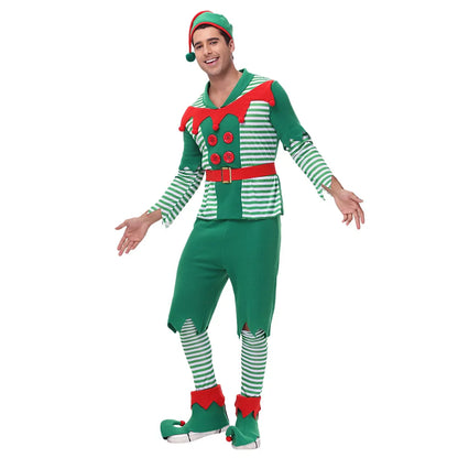 VIP FASHION Men Christmas Elf Costume with Hat Stockings Shoe Covers Belt Fancy Xmas Party Dress Up Outfit Male Festival Clothes