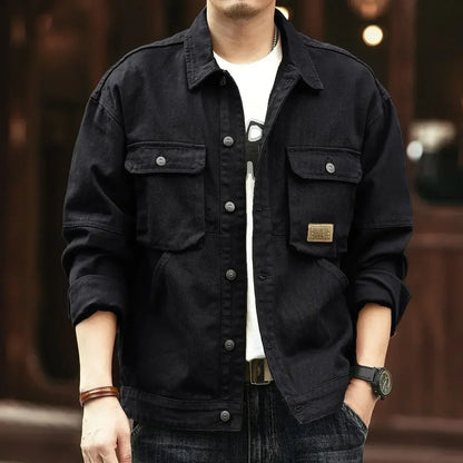 Cowboy Coat for Men Button Autumn Loose New In Denim Jackets Man Size L Japanese Retro Fashion Cowgirl Elatic Low Cost Clothing