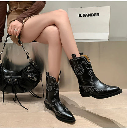 Ods Cowboy Western Boots For Women Real Leather Embroidered Pointed Toe Mid-calf Western Boot Retro Fashion Casual High Quality
