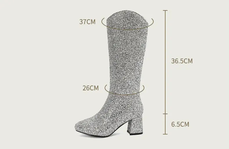 Bottes Hautes Scintillantes pour Femme, Ajustement Confortable, Talons 6,5 cm, Hiver 2024