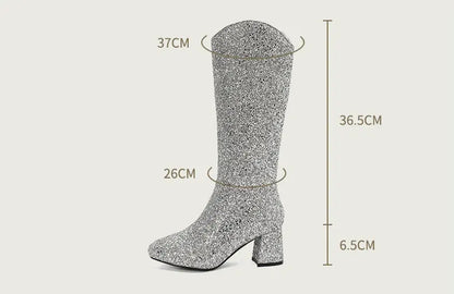 Bottes Hautes Scintillantes pour Femme, Ajustement Confortable, Talons 6,5 cm, Hiver 2024