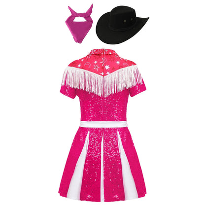 Déguisement de cow-girl pour enfants filles, robe à franges et paillettes avec chapeau de cowboy et bandana, tenue de fête de carnaval d'Halloween
