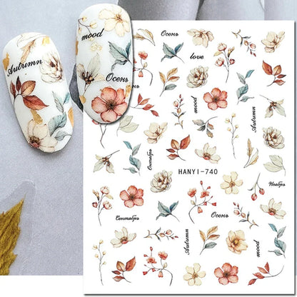 3d Nail Art Stickers Winter Autumn Golden Leaves Red Roses Flowers Decals For Nails Decoration Manicure Salon Beauty