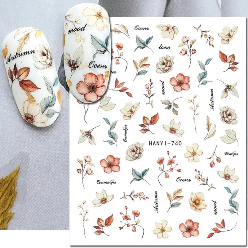 3d Nail Art Stickers Winter Autumn Golden Leaves Red Roses Flowers Decals For Nails Decoration Manicure Salon Beauty