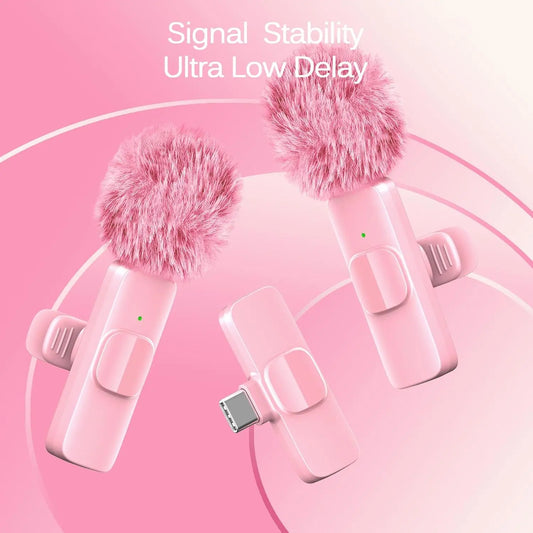 Pink Wireless Lavalier Lapel Microphone for iPhone iPad Vlogging Video Recording Mic for Live Interview Podcast Mic for Girl
