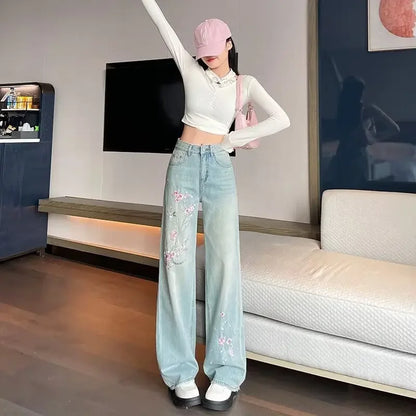 French pink flower embroidered jeans women spring and autumn new high waist fashion slim wide-leg pants embroidered straight