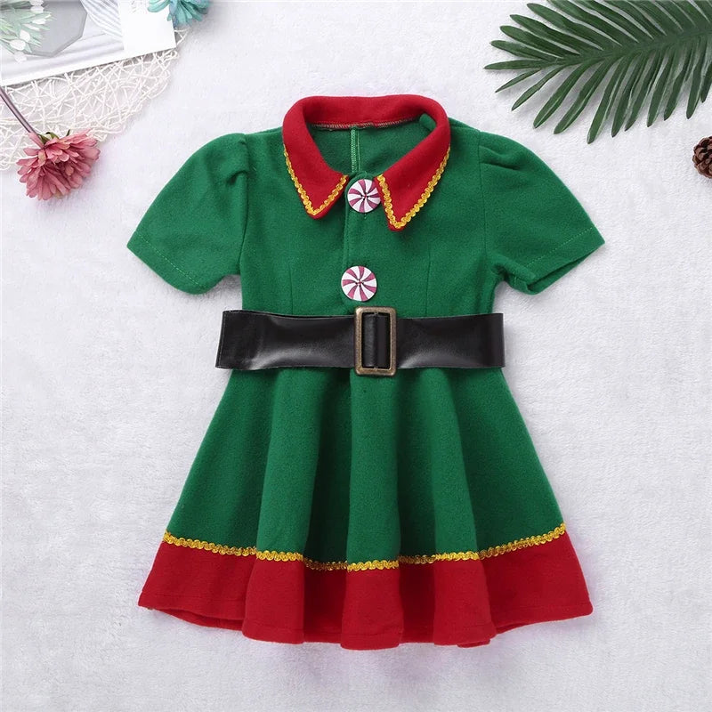 Déguisements d'elfes de Noël pour femmes, robe d'elfe verte et rouge à manches longues pour filles, déguisement de Noël pour enfants