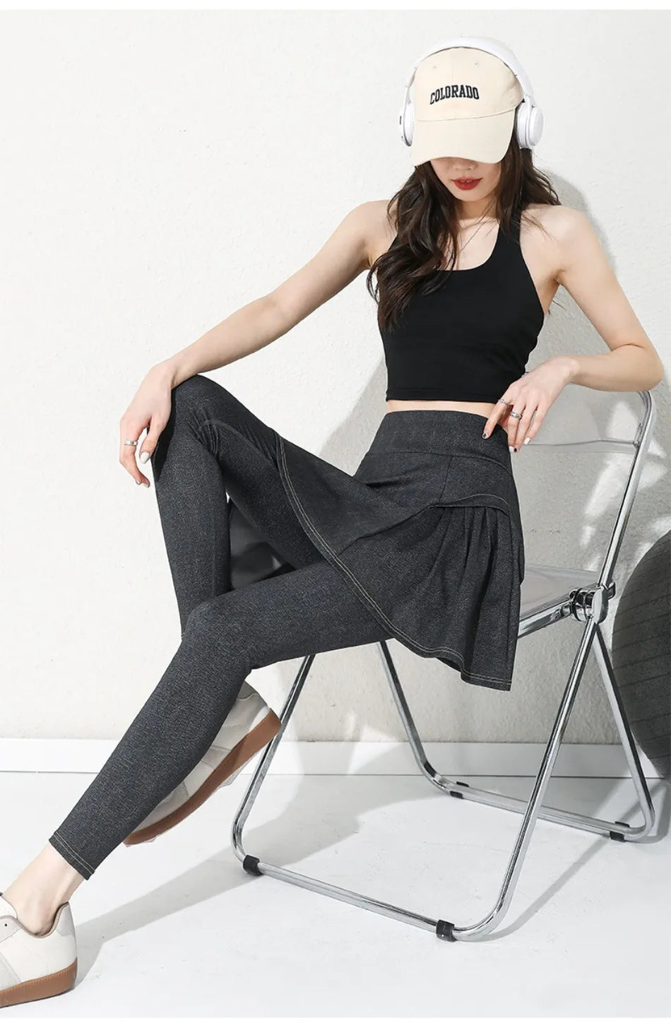 Women Cowboy Yoga Shark Skirts Pants Fake Two Piece Set Phone Pocket Sport Gym Running Leggings Tennis Outdoor Cycling Pants