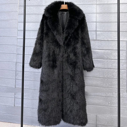 Long Faux Fur Coat Women Autumn Winter Large Jacket Overcoat White Turn Down Collar Pockets Thick Coat Warm Jackets Maxi Coats