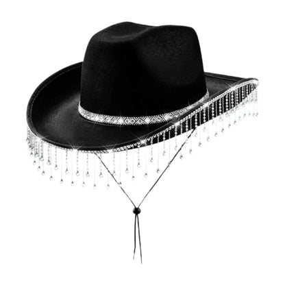 Chapeau de cowboy à large bord avec franges en strass pour femme, accessoire de fête, de cosplay, pour les fêtes, les spectacles en plein air