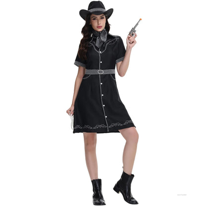 Costume de Cosplay de Cowgirl d'halloween pour femmes adultes, ensemble de robe fantaisie de fête de carnaval, Costume occidental noir pour spectacle sur scène