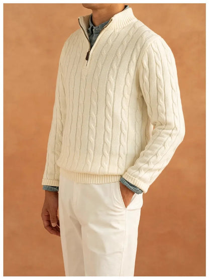 Men's Luxury Leisure Knit Mock Turtleneck Zipper Pullover Sweater Streetwear Retro Solid Long Sleeve Popular Jacquarded Knitwear