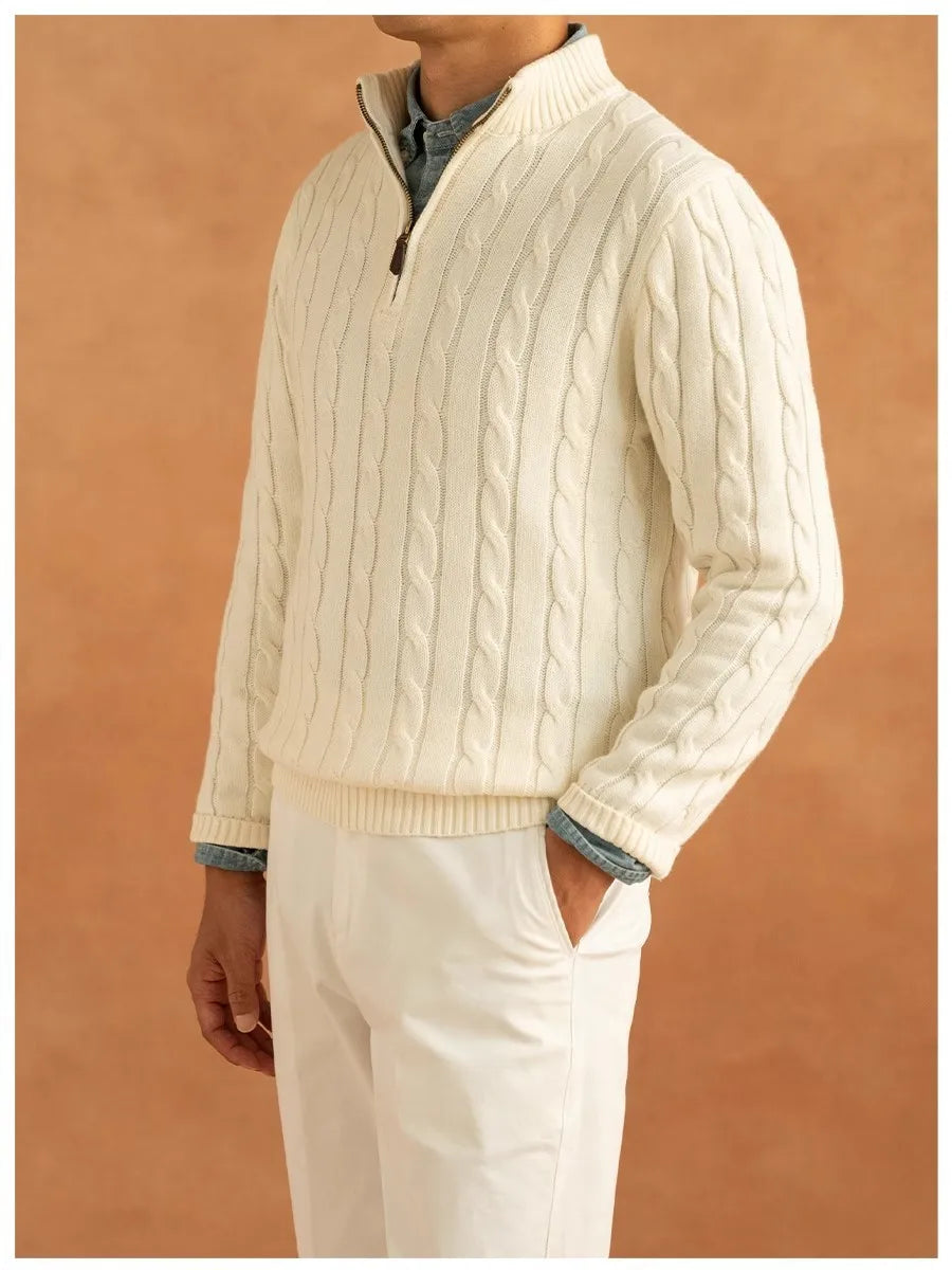 Men's Luxury Leisure Knit Mock Turtleneck Zipper Pullover Sweater Streetwear Retro Solid Long Sleeve Popular Jacquarded Knitwear
