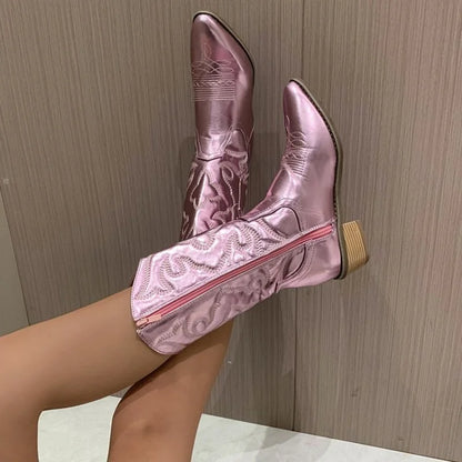 Bottes western de cowboy pour femmes brillantes métallisées brodées à talon aiguille bout pointu roses pour la livraison directe