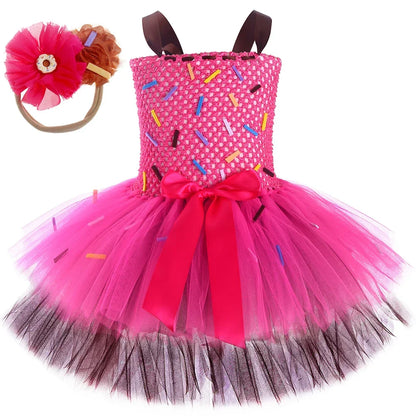 Déguisement de Beignet pour Enfants Robe Tutu Beignet au Chocolat Filles Robe de Princesse d'Anniversaire Fantaisie Vêtements d'Halloween et de Noël pour Enfants