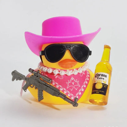 Cute Fortunate Rich Duck Car Dashboard Decoration Yellow Black Duck with Cowboy Hat Scarf Bottle for Women Men Car Ornament