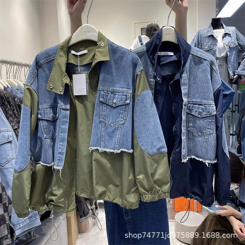 Women Patchwork Denim Bomber Jacket Spring Autumn Fake Two Piece Loose Drawstring Waist Patchwork Jean Coat Cowboy Cardigan Tops