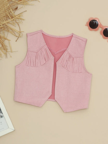 Costume de Cowgirl occidental en daim pour enfants, gilet à franges avec pompons, vêtements de danse, jeu de rôle de fête, gilets de Cowboy