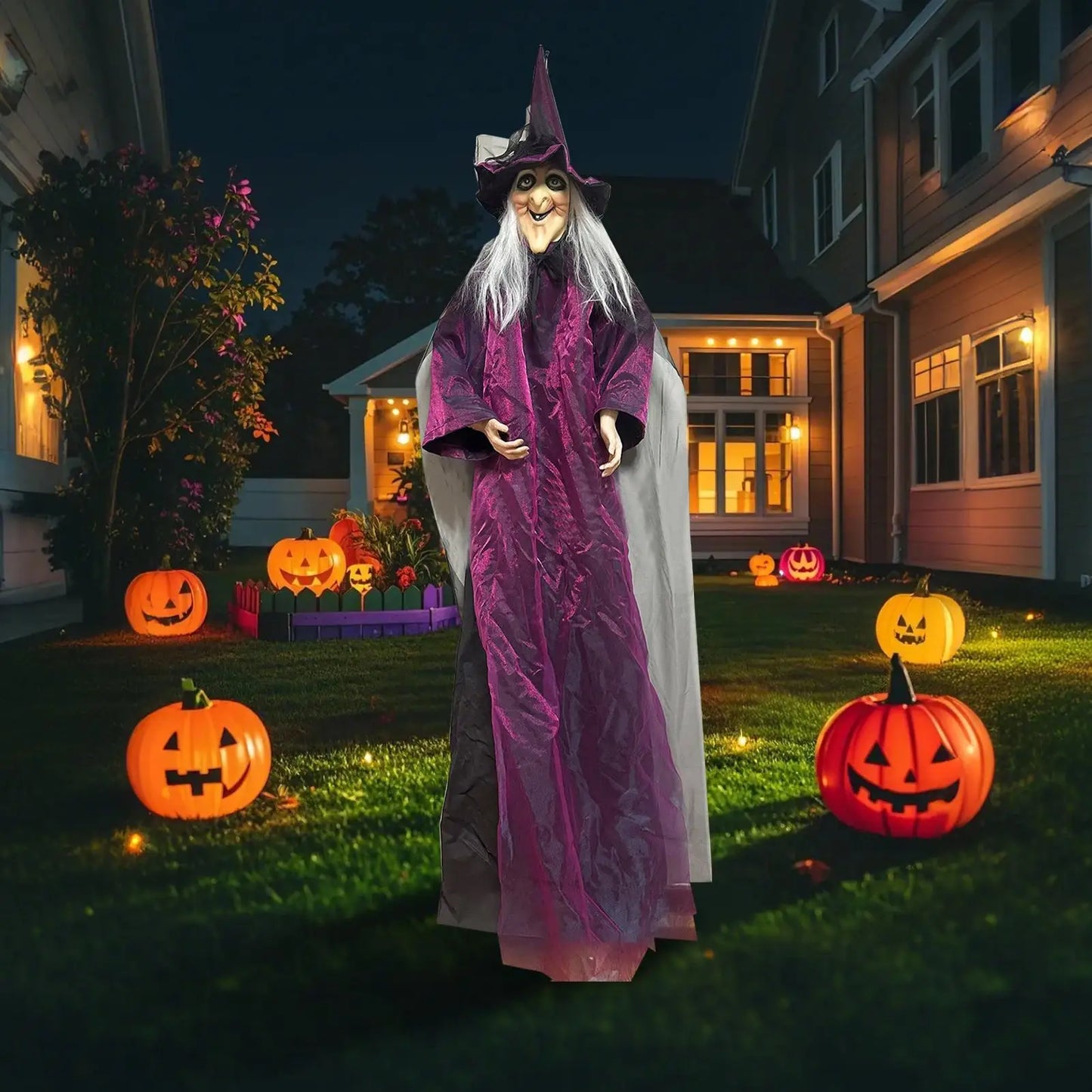 Halloween Sound Activated Light-up Witch Hanging Ghost Scary Props for Haunted House Bar Secret Room Outdoor Yard Garden Party