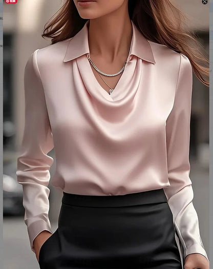 Women's Elegant Satin Shirt, Printed Blouse, V-Neck, Long Sleeves, Solid Color, Loose Fit, Casual Top for Office, New Collection
