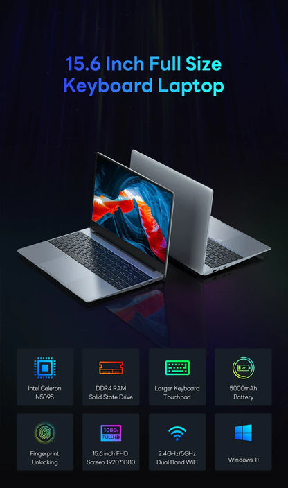 BYONE 15.6 Inch IPS Screen Laptop 8GB RAM Intel 11th N5095 Netbook Windows 11 Pro Gaming Office Notebook Business Pc Portable