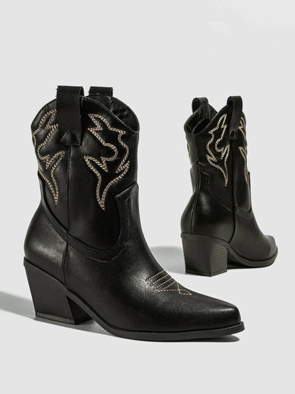Aneikeh Autumn Winter Vintage Embroidered Large Western Cowboy Boots New Style Coarse Heel Pointed Ankle Barrel Knight Boots
