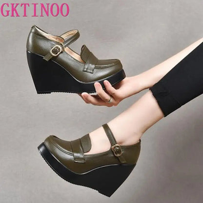 GKTINOO 2025 Compensées Chaussures Femme Printemps Automne À Enfiler Talons Hauts Bout Rond Cuir Véritable Décontracté Plateforme Dames Chaussures Femme