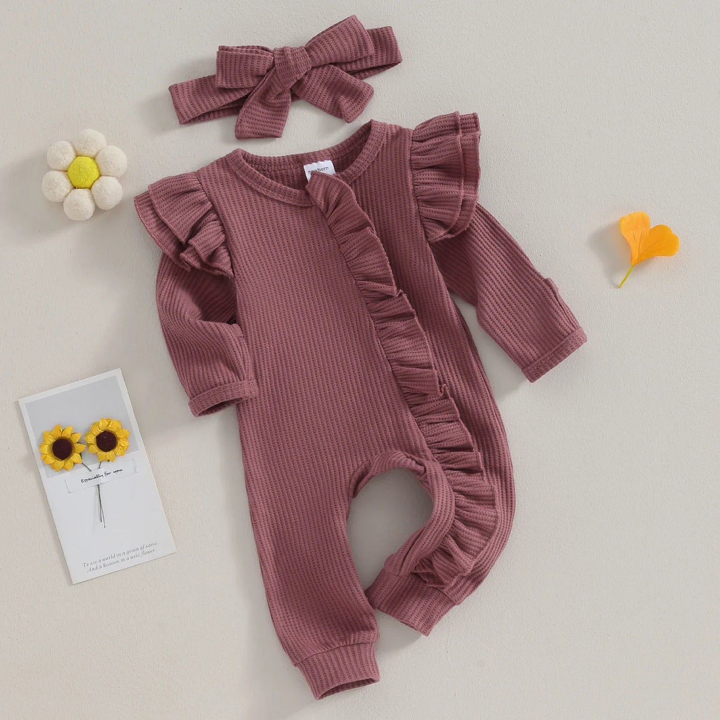 FOCUSNORM 0-12M Autumn Infant Baby Girls Boys Jumpsuit 2pcs Solid Color Round Neck Ruffles Long Flying Sleeve Zipper Jumpsuits