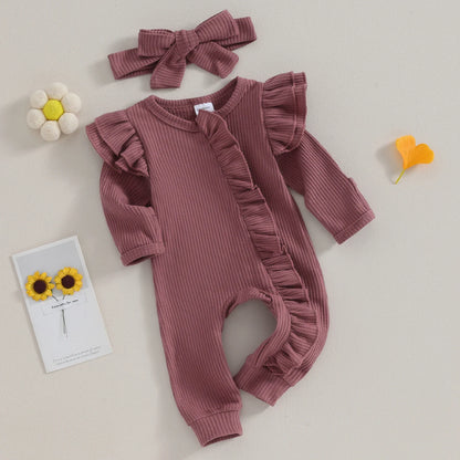 FOCUSNORM 0-12M Autumn Infant Baby Girls Boys Jumpsuit 2pcs Solid Color Round Neck Ruffles Long Flying Sleeve Zipper Jumpsuits