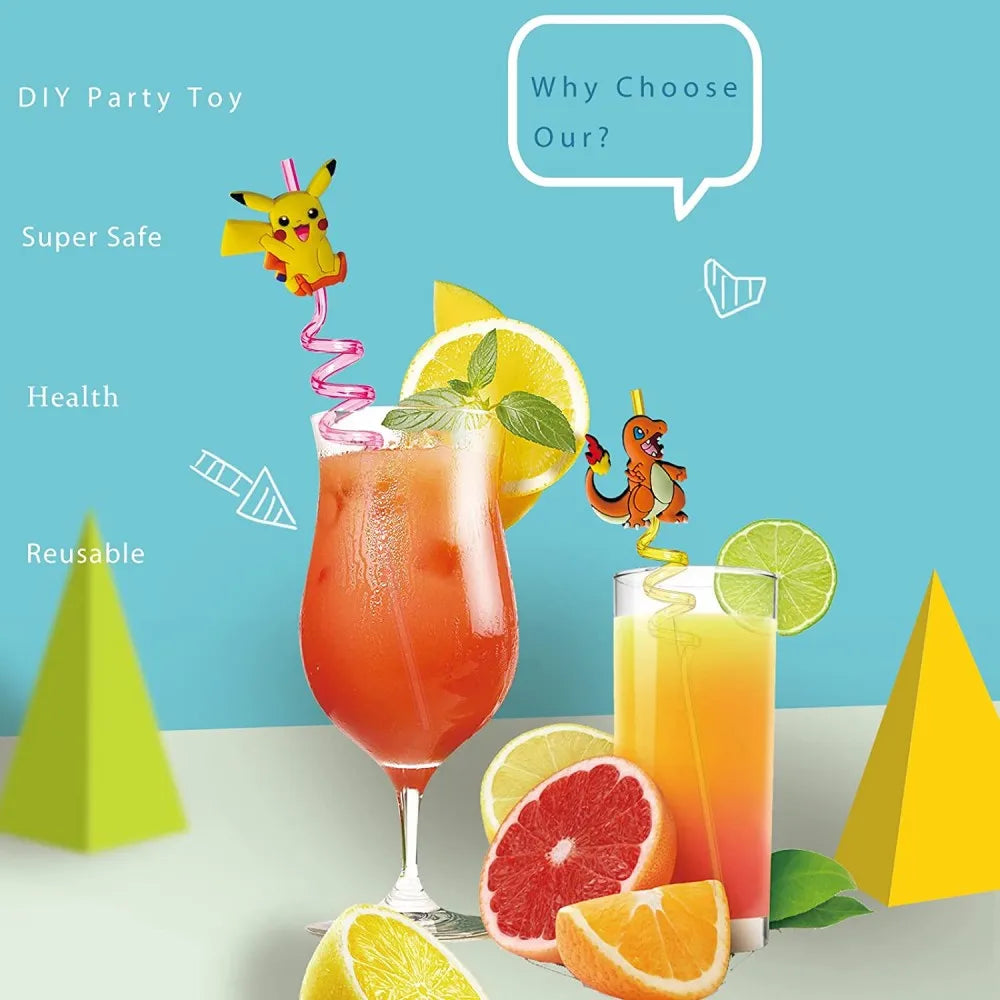 8Pcs/Pack Pokemon Birthday Party Decorations Pikachu Theme Drinking Straws for Kids Baby Shower Cartoon Party Supplies Gift Toys