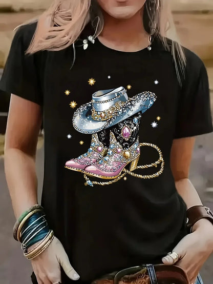 T-shirt imprimé à manches courtes de la série Western Cowboy, tendance et décontracté, polyvalent, longueur standard pour toutes les saisons