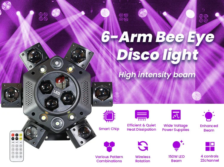 Projecteurs de scène à LED mobiles à 6 bras RGBW 150W Lyre Beam Lumières de fête avec télécommande Son DMX Disco DJ pour Karaoké Discothèque