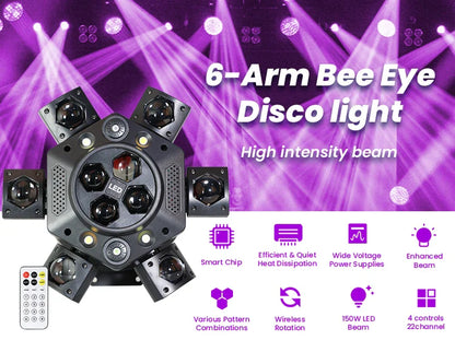 Projecteurs de scène à LED mobiles à 6 bras RGBW 150W Lyre Beam Lumières de fête avec télécommande Son DMX Disco DJ pour Karaoké Discothèque