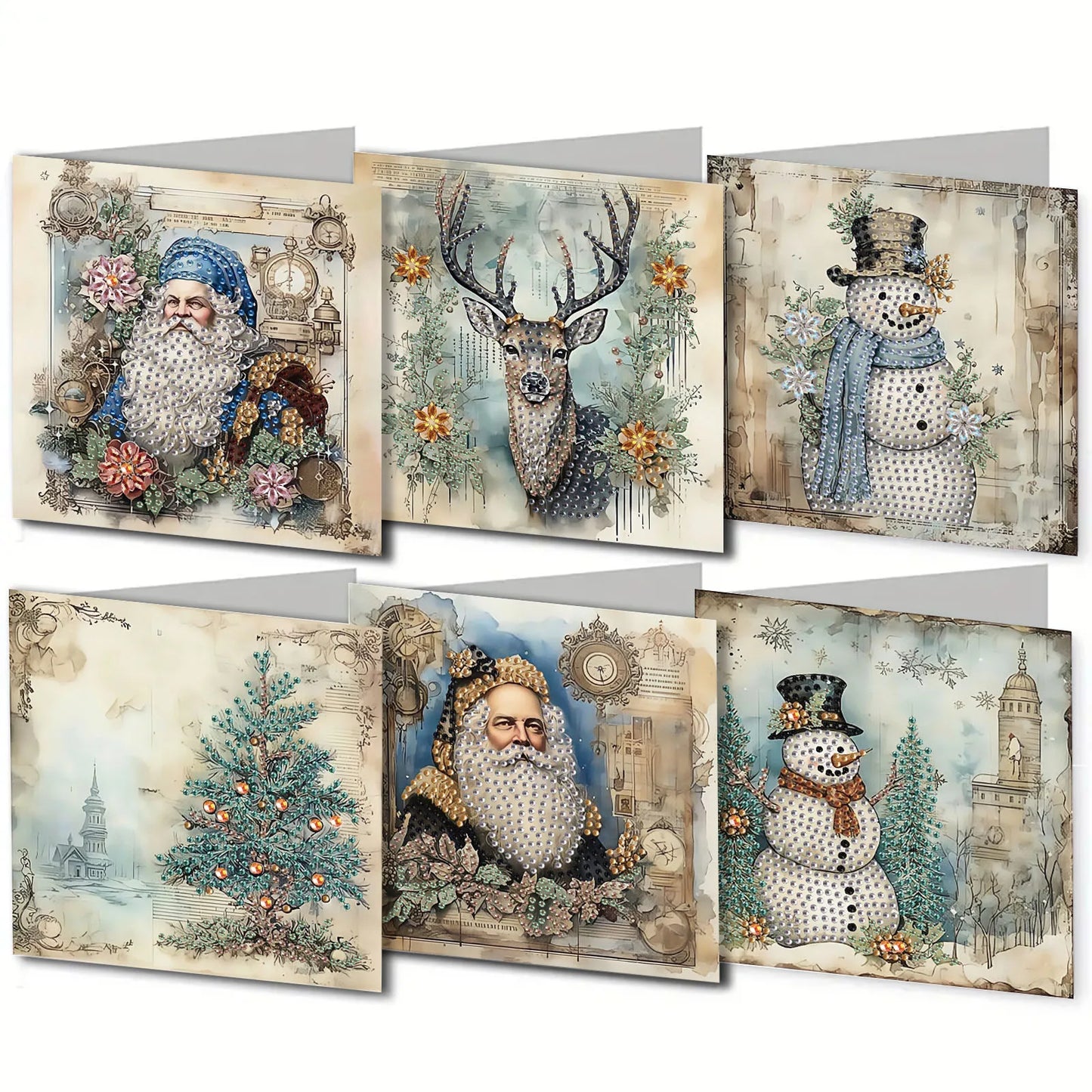 6 DIY diamond paintings Christmas-themed paper greeting cards with diamond stickers are perfect for family gatherings
