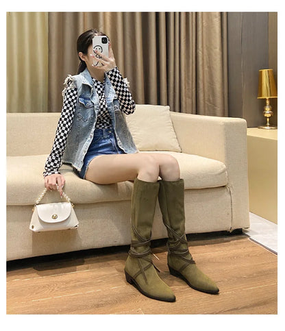 Matte Leather Gothic Western Cowboy Boots Women's Fashion Autumn New Style Pointed Toe Lace-up Retro High Top Flat Heel Boots