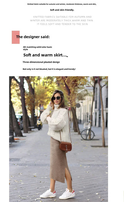 Women's Autumn/winter Knit Bodycon Skirt Medium-length High-waisted Thickened Side Slit Step-length Skirt