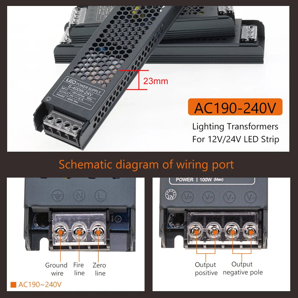 Transformateur d'éclairage LED, pilote 12V/24V, Source d'alimentation silencieuse 60W 100W 200W 300W 400W 190-240V, adaptateur convertisseur de bande LED