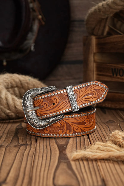 Ceinture Western Cowboy en Similicuir PU - Sangle de Taille Homme Décoration Taureau Gravure Florale pour Jeans